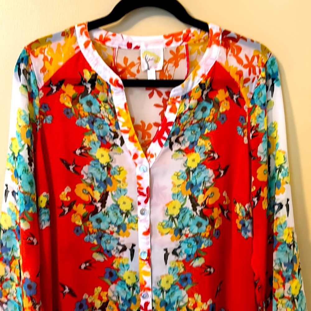 Anthropologie Floral Button-Down Top - Red, Blue, Yellow